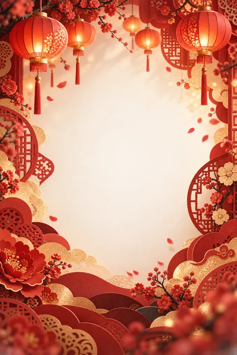 红色灯笼窗花与金色光影组成的春节竖版海报背景