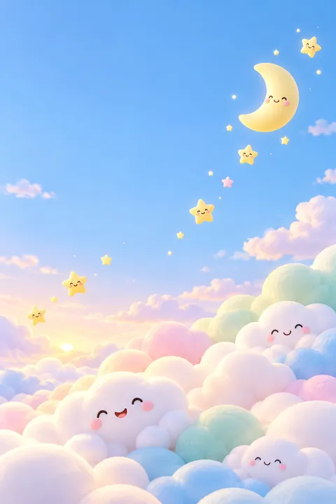 原创圆润云朵与星星月亮组成的竖版可爱手机壁纸