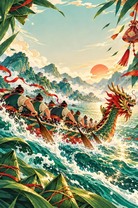 原创龙舟水纹与粽叶组成的端午竖版海报背景