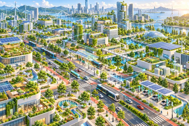 绿色未来城市公共交通与透明数据层组成的横版科技插画