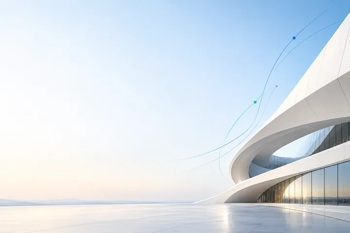 白色建筑曲面与蓝绿色几何层次组成的商务PPT横版背景