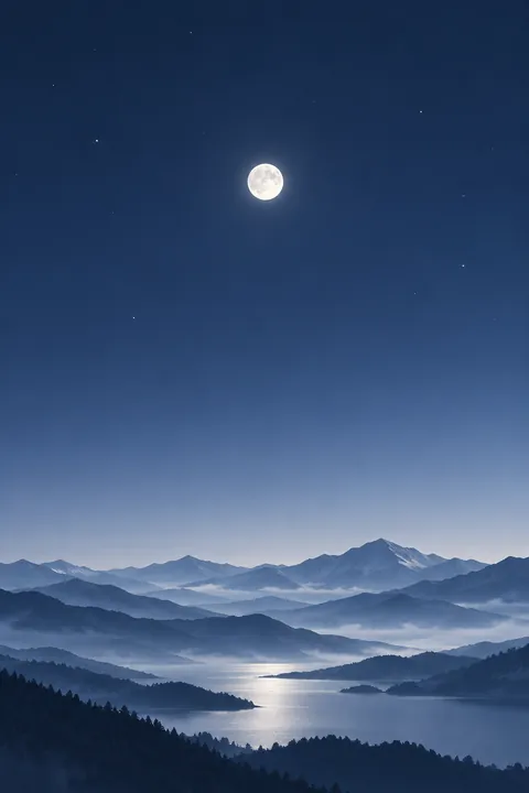 明亮月亮悬在层叠远山上方的竖版极简夜空壁纸
