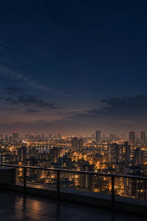 从天台望向城市灯光与深蓝夜空的竖版朋友圈配图