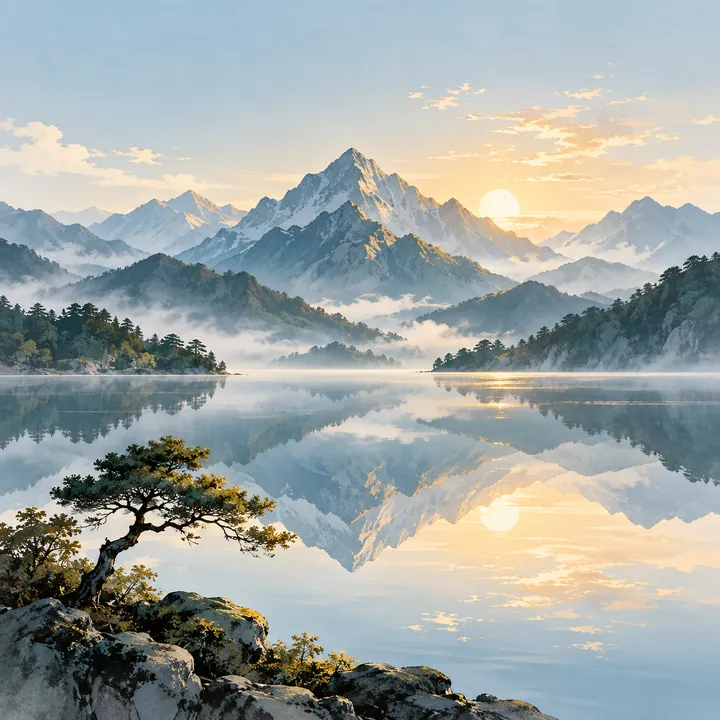 远山湖面与一棵小树组成的方形风景头像