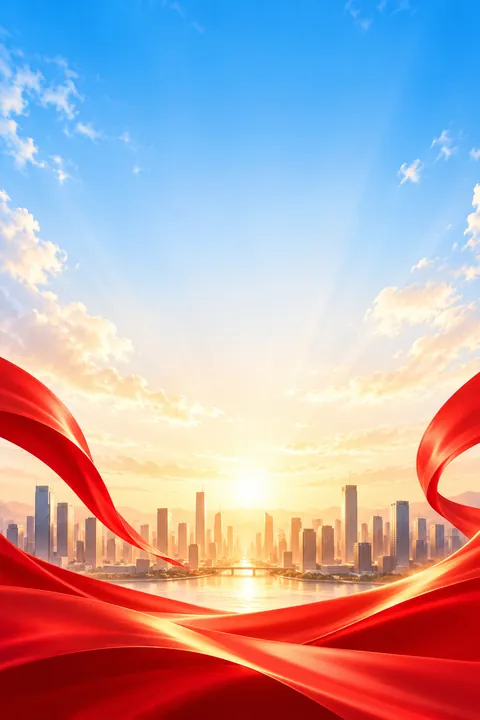 红色丝带城市天际线与晨光组成的国庆竖版海报背景