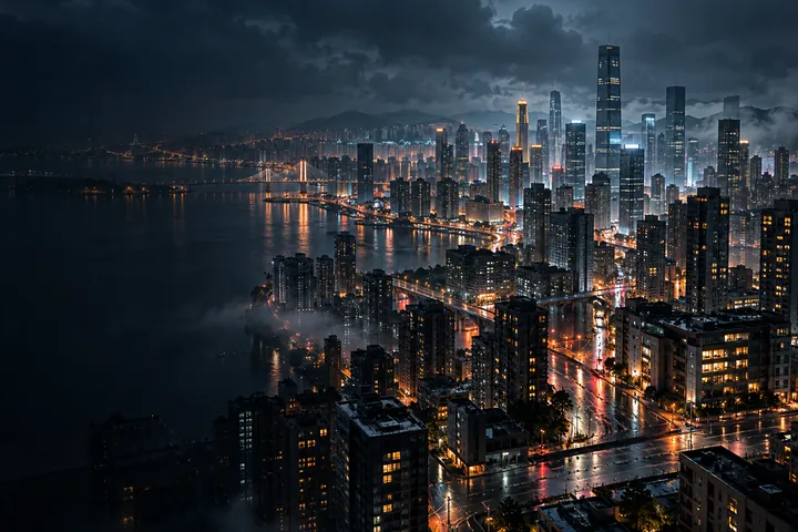 雨后城市高楼灯光与街面倒影的横版夜景壁纸
