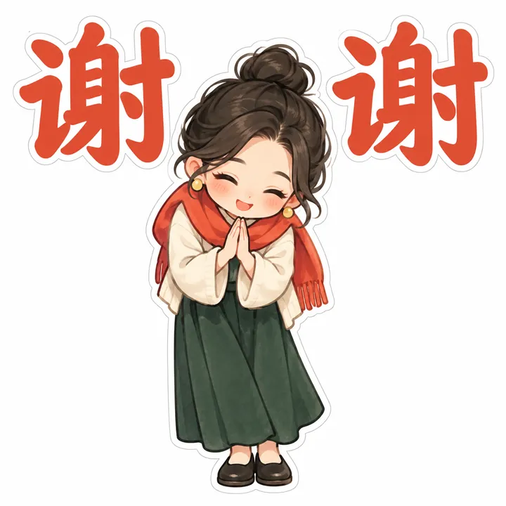 原创小人物双手相合鞠躬并带有谢谢二字的方形表情包