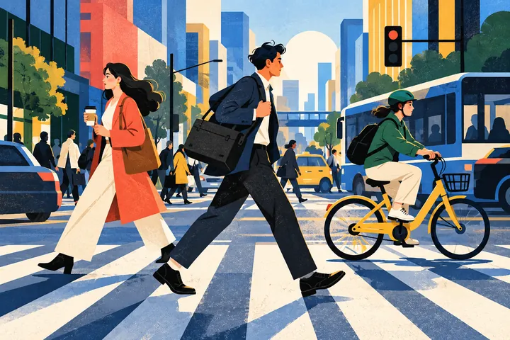 原创成年通勤者穿行在早晨城市街区的横版编辑插画