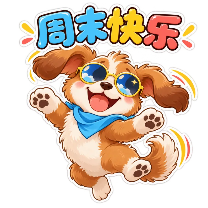 原创小狗戴太阳镜跳跃并带有周末快乐四字的方形表情包