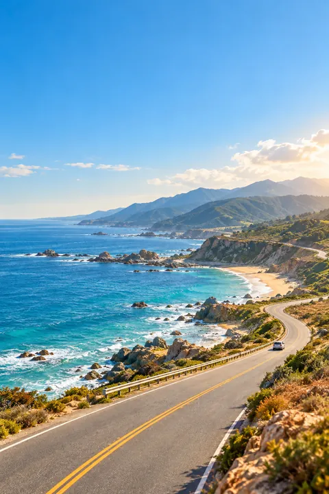 海岸公路通向远山并有一辆小车的小红书旅行封面