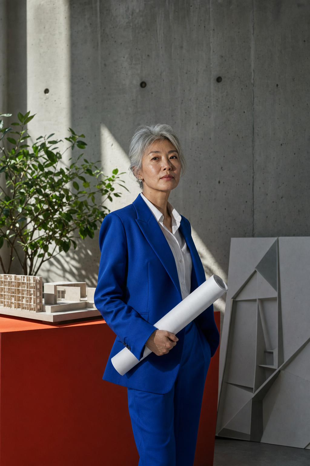 身穿钴蓝西装的成年女建筑师手持图纸站在混凝土工作室中