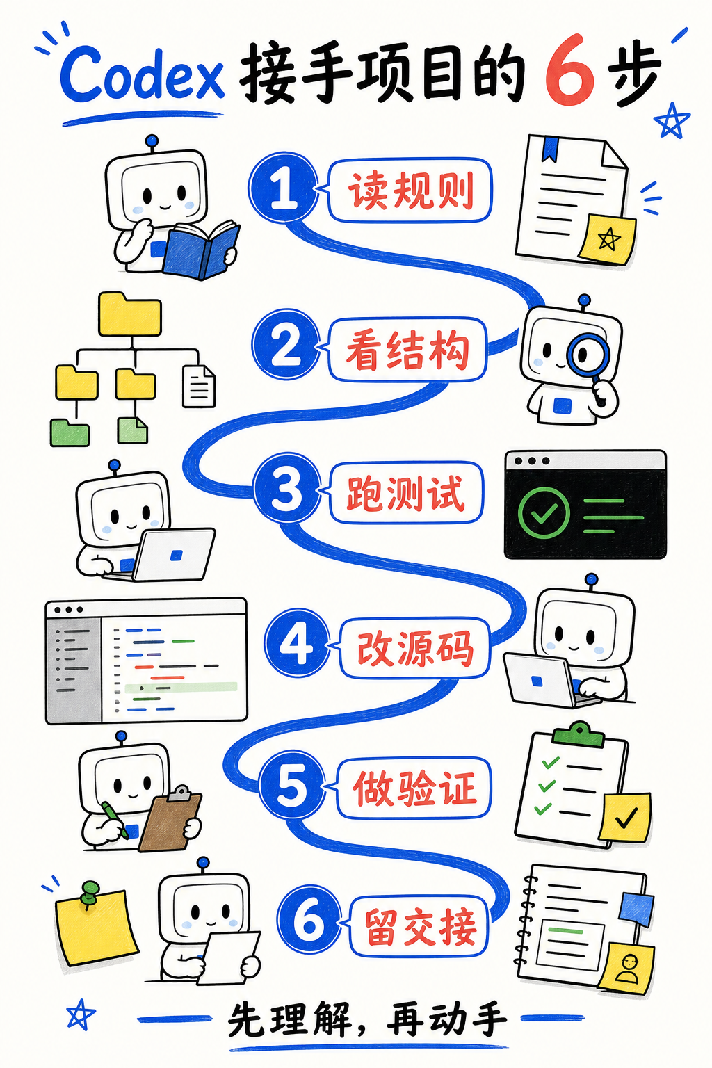 原创白板手绘风 Codex 接手项目六步流程中文知识卡片