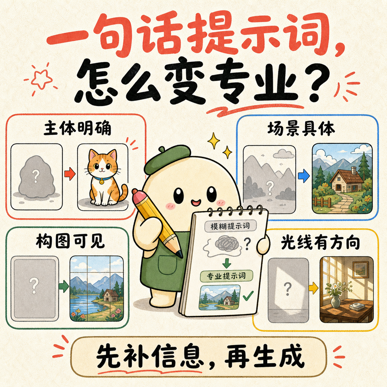 底部写有先补信息再生成的中文画图提示词知识卡片