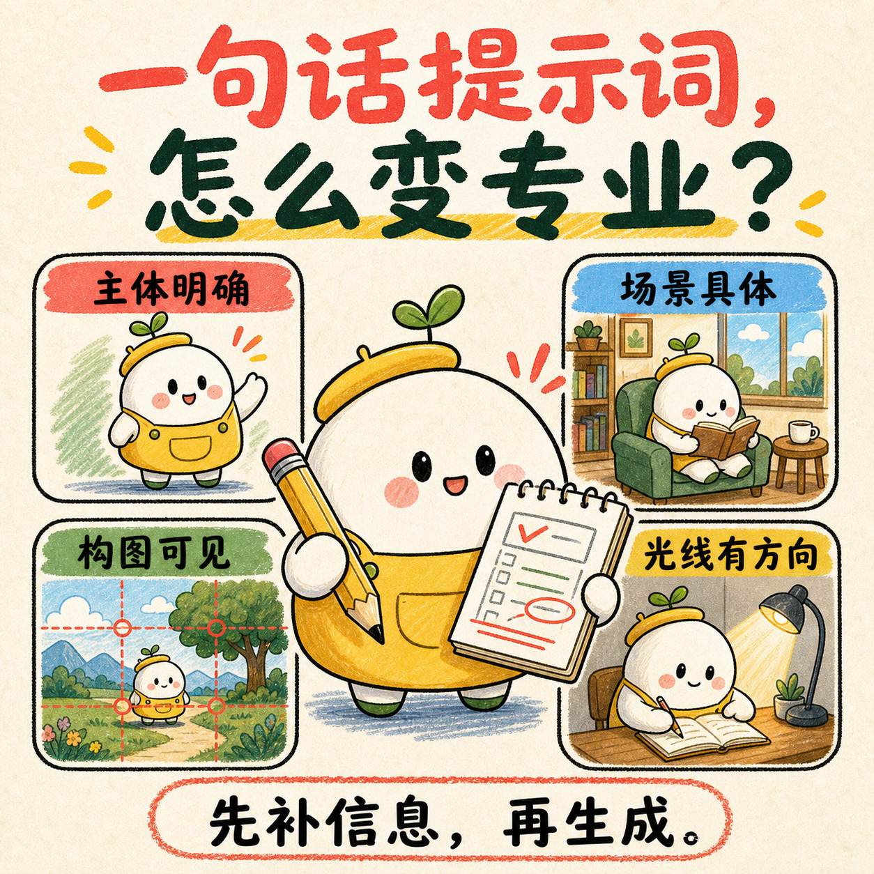 原创手绘小助手讲解主体明确、场景具体、构图可见和光线有方向的中文知识卡片