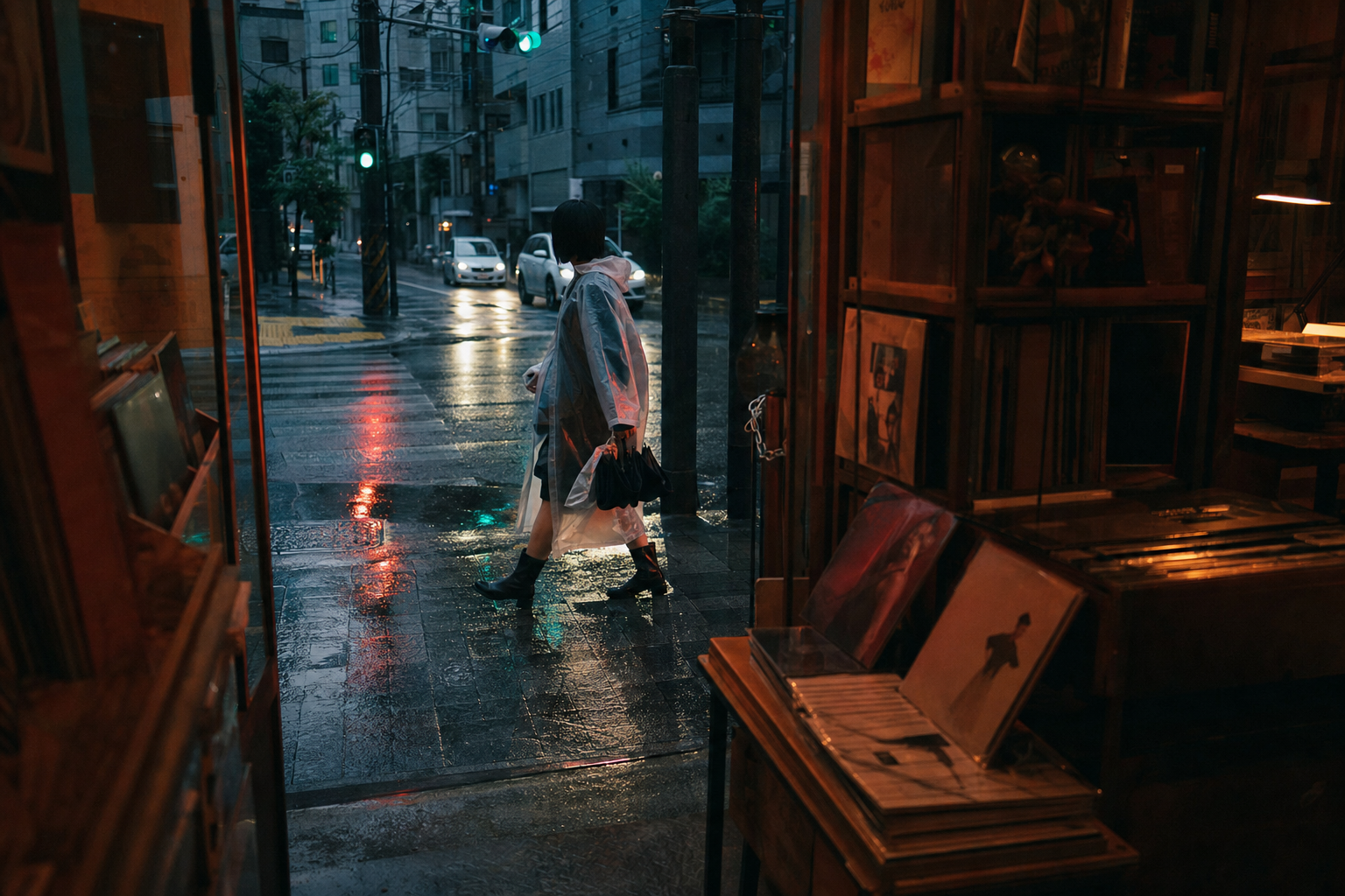 从暖色唱片店内望向雨夜街道和穿透明雨衣行人的电影感画面