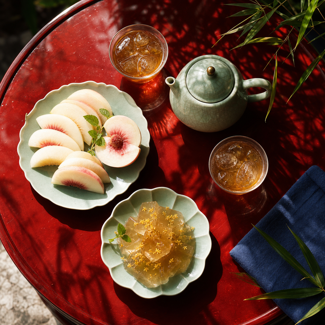 朱红漆桌上的白桃、桂花冻、青瓷茶壶和两杯冰茶俯拍照片